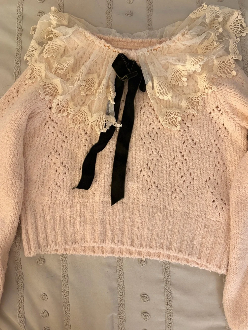 Free People Hold Me Closer Sweater with Lace Collar & Velvet Bow